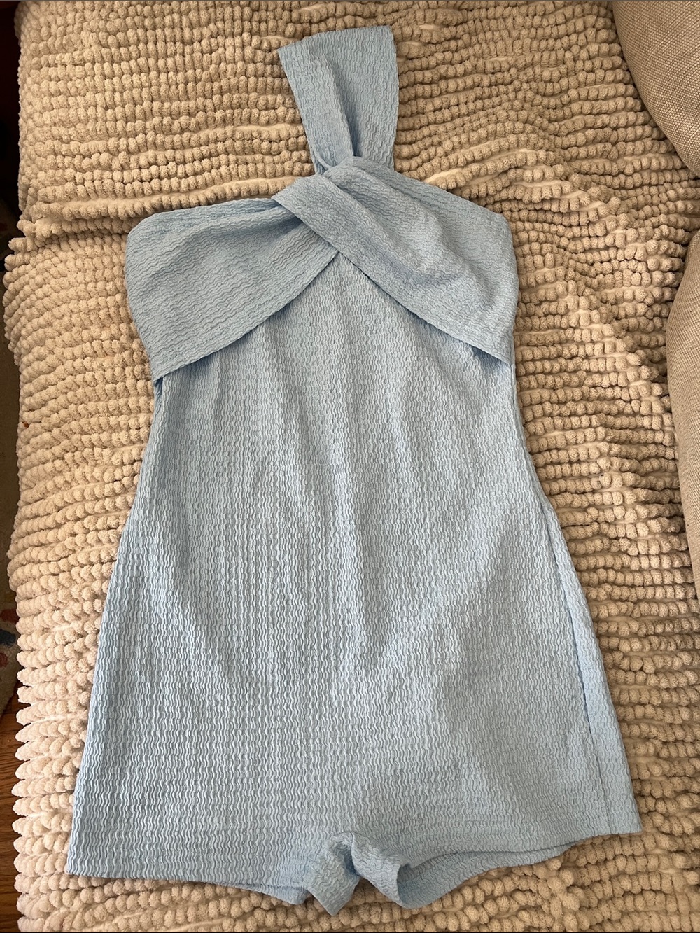 SHEIN Pale Blue One-Shoulder Twist Romper